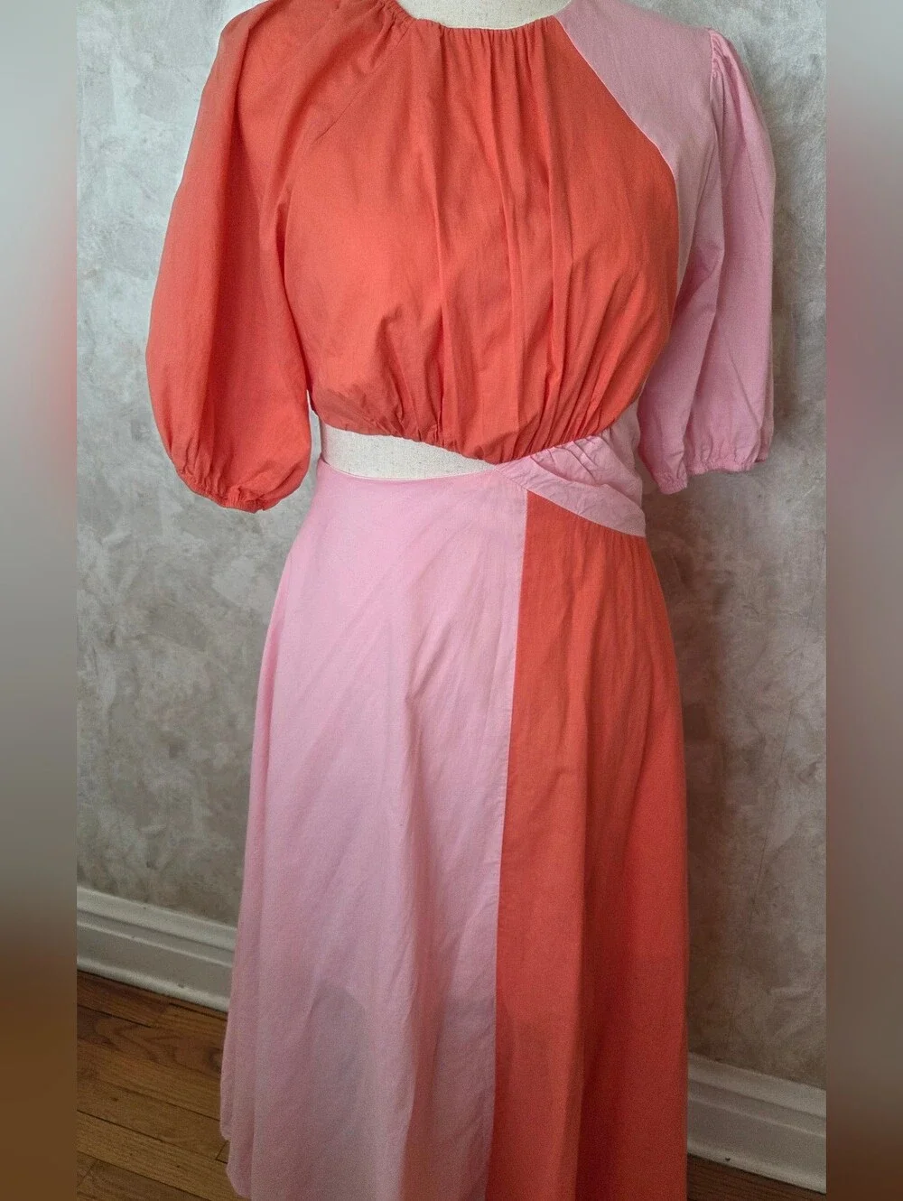 Colorblock Cutout Midi Dress Pink Coral Puff Sleeve Boutique LA Jolie NWOT - Picture 11 of 13